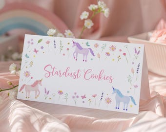 Editable Unicorn Meadow Birthday Tent Cards, Food Labels, Pastel Rainbow Unicorn Pink Gold Floral Wildflower, Digital Download A780