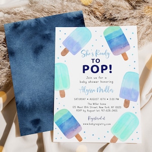 Editable She's Ready To Pop Popsicle Baby Shower Invitation Blue Boy Popsicle Baby Shower Watercolor Popsicle Digital Download A699