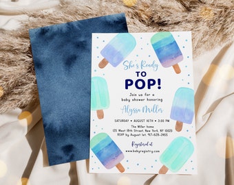 Editable She's Ready To Pop Popsicle Baby Shower Invitation Blue Boy Popsicle Baby Shower Watercolor Popsicle Digital Download A699