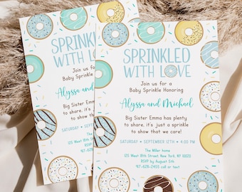 May include: A baby sprinkle invitation with a donut theme. The invitation is white with blue and yellow donuts and sprinkles. The text reads "Sprinkled with Love" and "Join us for a Baby Sprinkle Honoring Alyssa and Michael".