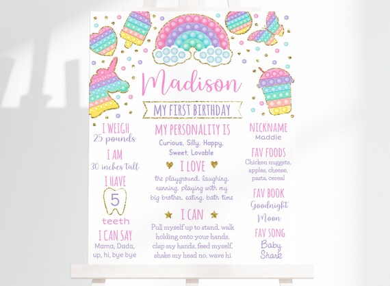 Editable Pop It Birthday Milestone Sign Girls Pop It Birthday Party Fidget Toy Pastel Pink Gold Rainbow First Birthday Digital Download A658 Il_570xn