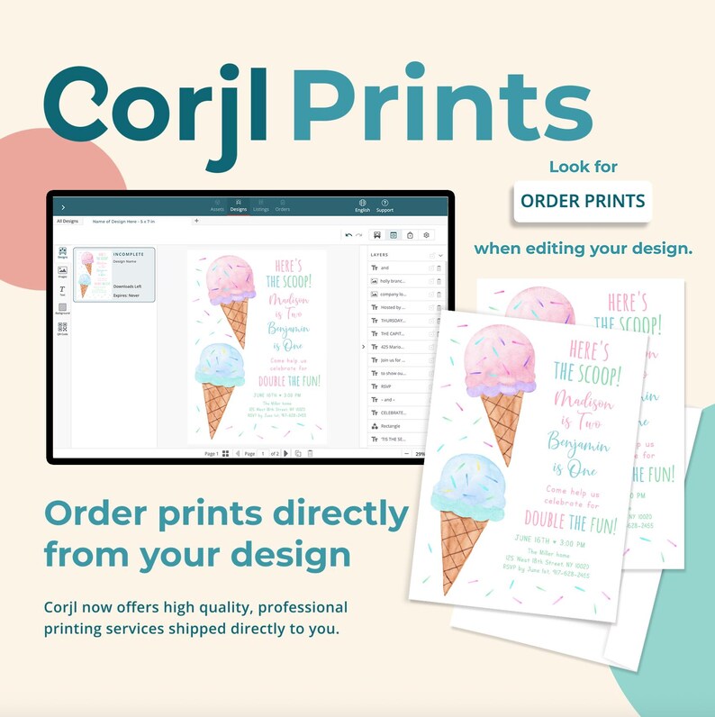 Editable Ice Cream Birthday Invitation, Here's The Scoop, Joint Birthday Invite, Boy Girl Ice Cream, Party Pink Blue Sprinkles Digital A673 image 2