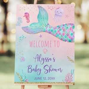 Editable Mermaid Baby Shower Welcome Sign Under The Sea Baby Shower Girl Baby Shower Pink Purple Gold Printable Digital Download A615