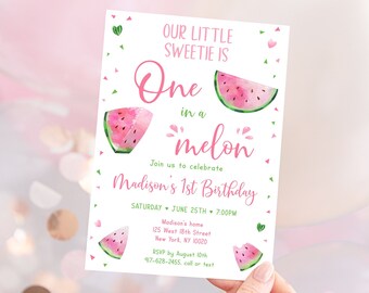 Editable One In A Melon Birthday Invitation Watermelon First Birthday Invite Watermelon Party Pink Green Summer Digital Download A502
