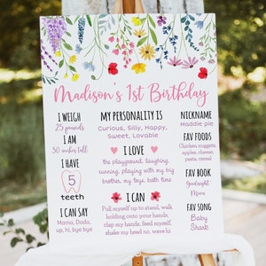 Editable Wildflower First Birthday Milestone Sign Watercolor Wildflower Birthday Flower Birthday Floral Garden Party Digital Download A693