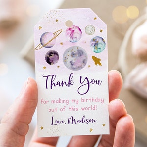 Editable Space Birthday Thank You Tags Favor Tags Pink Gold Galaxy Planets Outer Space Rocket Ship Out Of This World Instant Download A631 image 1