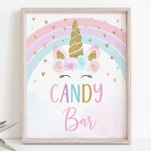 Unicorn Candy Bar Birthday Sign Rainbow Unicorn Party Pink Gold Pastel Floral Unicorn Candy Sign Printable Digital Instant Download A582