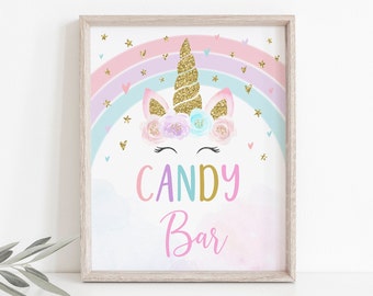 Unicorn Candy Bar Birthday Sign Rainbow Unicorn Party Pink Gold Pastel Floral Unicorn Candy Sign Printable Digital Instant Download A582