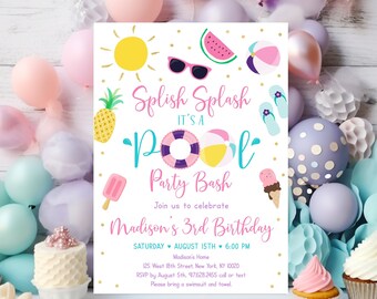 Editable Pool Party Birthday Invitation Girls Pool Party Pink Gold Ice Cream Watermelon Pineapple Pool Party Bash Digital Download A533