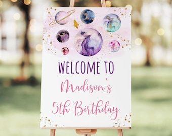 Editable Space Birthday Welcome Sign Pink Gold Galaxy Planets Girls Outer Space Party Moon Solar System Printable Instant Download A586