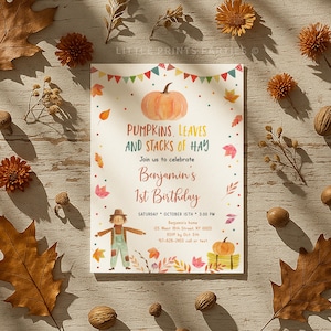 Invitación de cumpleaños de calabaza editable, invitación de cumpleaños de calabaza de cosecha de otoño, hojas de otoño, fiesta de calabaza de heno, descarga digital imprimible A704