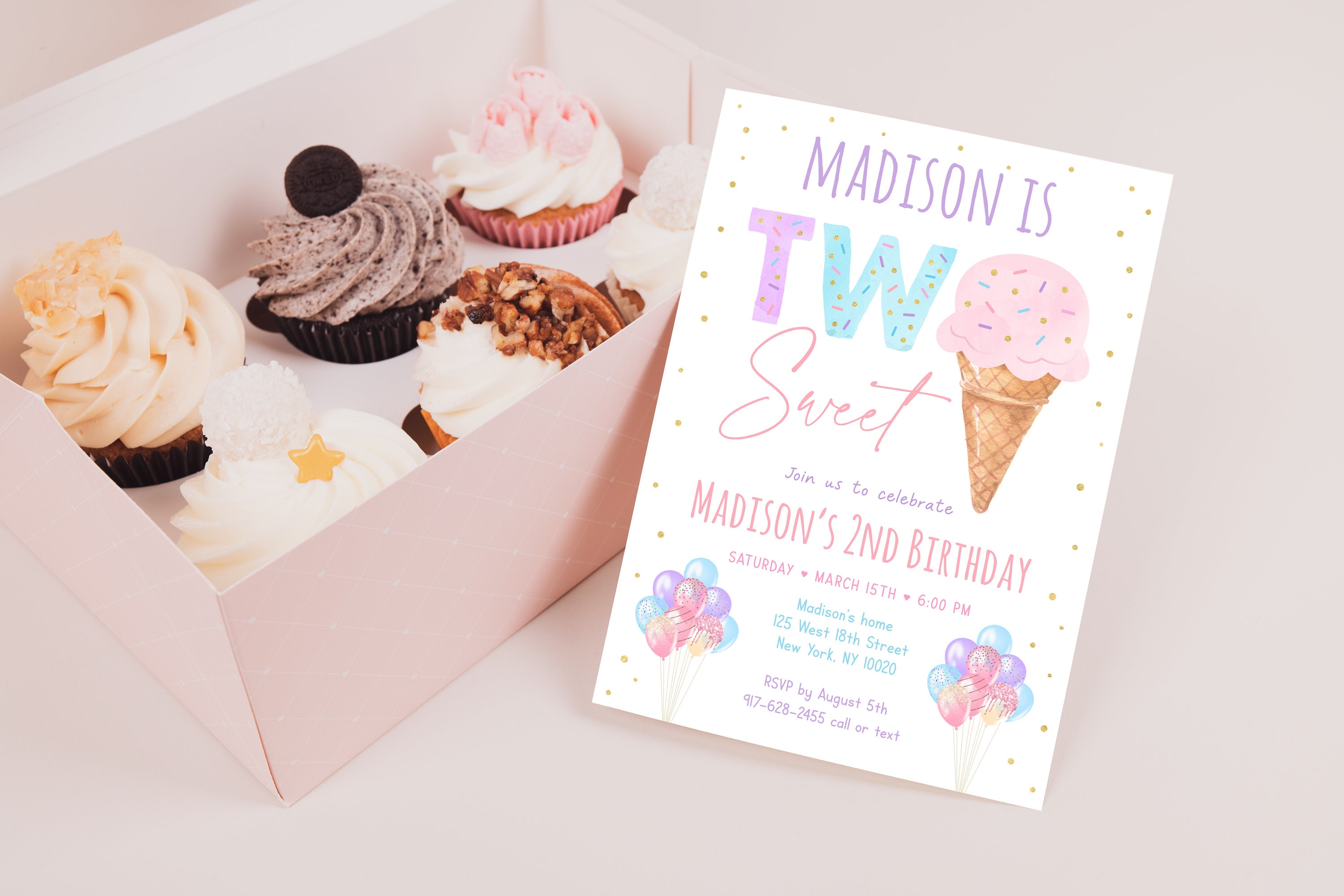 Editable Double the Scoops Twin Birthday Ice Cream Invitation -   Portugal