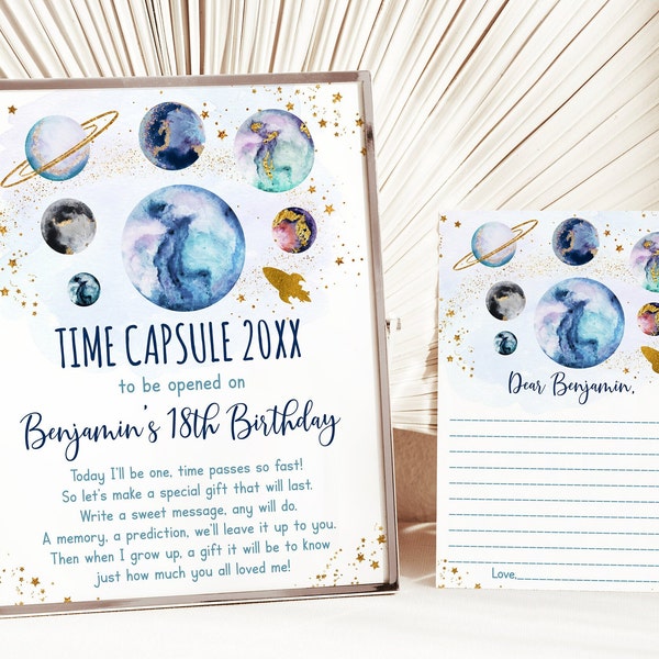 Editable Outer Space Birthday Time Capsule First Birthday Galaxy Planets Outer Space Birthday Party Solar System Printable Digital A586