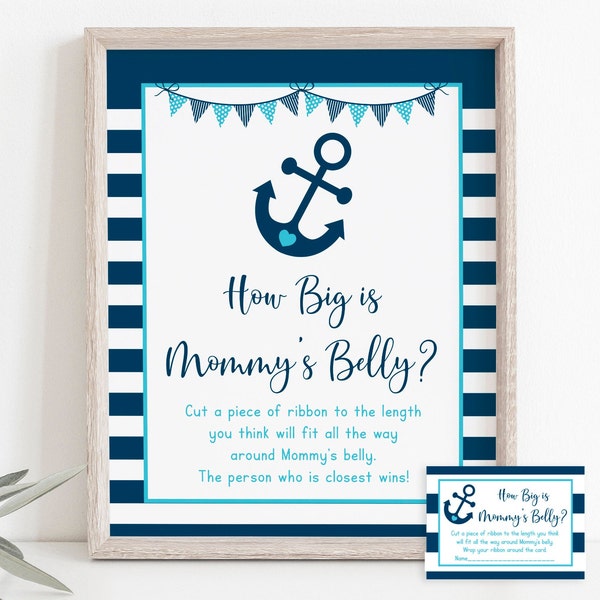 Nautical How Big Is Mommy's Belly Game Nautical Baby Shower Anchor Navy & Aqua Boy Baby Shower Digital Printable Instant Download A222