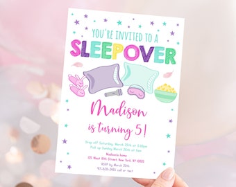 Editable Sleepover Birthday Invitation Sleepover Party Slumber Party Pajama Party Pink Girl Rainbow Sleepover Digital Download A523