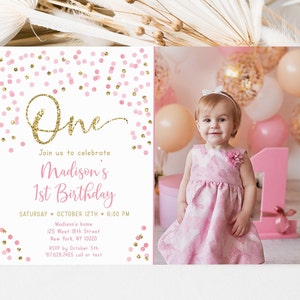 Editable Pink and Gold First Birthday Invitation Confetti 1st Birthday Invite Pink Watercolor Confetti Girl First Birthday Download A559