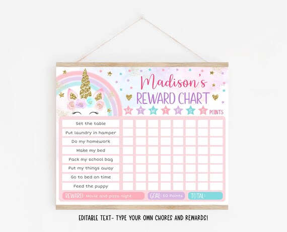 EDITABLE Unicorn Reward Chart, Unicorn Behavior Chart, Pink & Gold Unicorn, Floral Unicorn, Chore Chart, Printable, Digital Template C100 Il_570xn