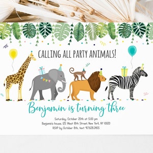 Bewerkbare verjaardagsuitnodiging feestbeesten, dierentuin safari dieren verjaardag, jungledieren, jongen, meisje, afdrukbaar, digitale Instant Download A513