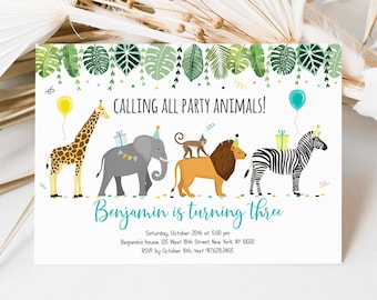 Editable Party Animals Birthday Invitation, Zoo Safari Animal Birthday, Jungle Animals, Boy, Girl, Printable, Digital Instant Download A513
