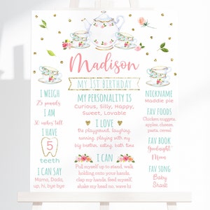 Editable Tea Party Milestone Birthday Poster tea For Two Girls Tea Party Pink Gold Floral Birthday Milestone Poster Digital Printable A583