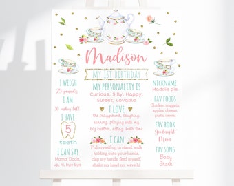 Editable Tea Party Milestone Birthday Poster tea For Two Girls Tea Party Pink Gold Floral Birthday Milestone Poster Digital Printable A583