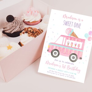 May include: A pink and blue ice cream truck with balloons and sprinkles. The text on the invitation reads "Madison is a SWEET ONE" and "Join us to celebrate Madison's 1st Birthday".