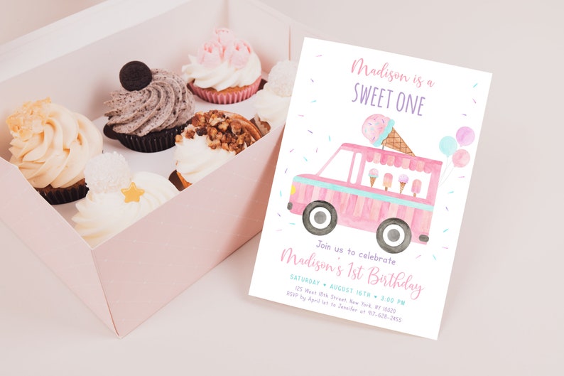 May include: A pink and blue ice cream truck with balloons and sprinkles. The text on the invitation reads "Madison is a SWEET ONE" and "Join us to celebrate Madison's 1st Birthday".