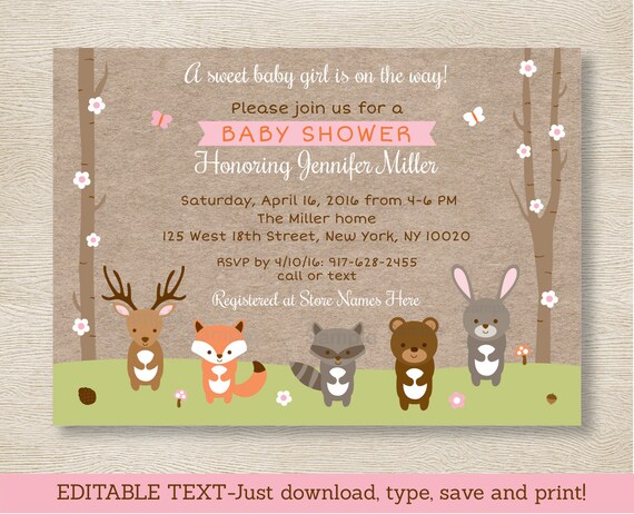 Pink Woodland Animals Baby Shower Invitation Woodland Baby Shower