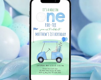 Editable Hole in One Birthday E-Invitation Golf First Birthday Par-tee Golf 1st Birthday Invite Boy First Birthday Digital Download A695