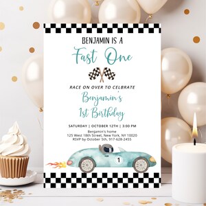 Race Car Fast One Birthday Invitation Blue Race Car First Birthday Invite Racing Party Racing Car Flame Boy Editable Digital Download A688