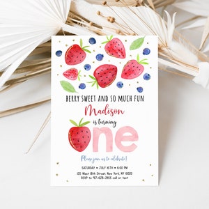 May include: A pink and white birthday invitation with a watercolor illustration of strawberries and blueberries. The text reads "Berry Sweet and So Much Fun Madison is turning one. Please join us to celebrate! Saturday, July 16th, 6:00 PM 125 West 18th Street, New York, NY 10020 RSVP to 917-628-2455 call or text"