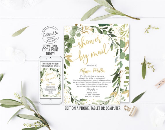 EDITABLE Greenery Shower By Mail Invitation Gender Neutral Greenery & Gold Eucalyptus Long Distance Baby Shower Printable Digital A529 Il_570xn