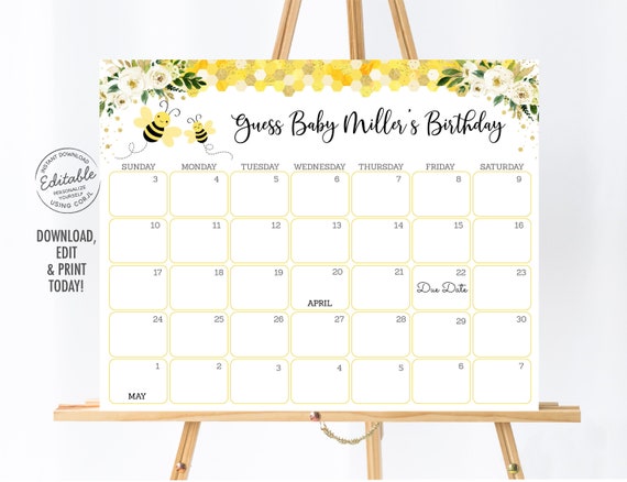 EDITABLE Bee Baby Due Date Calendar Game Bee Gender Neutral Baby Shower Guess Baby's Birthday Greenery Floral Honeycomb Printable A539 Il_570xn