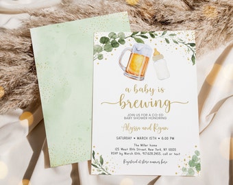May include: A baby shower invitation with a green and gold watercolor design. The invitation says "a baby is brewing" and includes a beer mug and a baby bottle. The invitation is for Alyssa and Ryan and is on March 15th at 6:00 PM. The Miller home is located at 125 West 18th Street, New York, NY 10020. RSVP by March 10th. 917.628.2455. call or text. Registered at store names here.