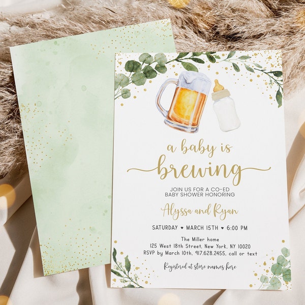Editable Baby Is Brewing Invitation Beer Baby Shower Invitation Greenery Gold Gender Neutral Coed Baby Shower Printable Digital Corjl A526