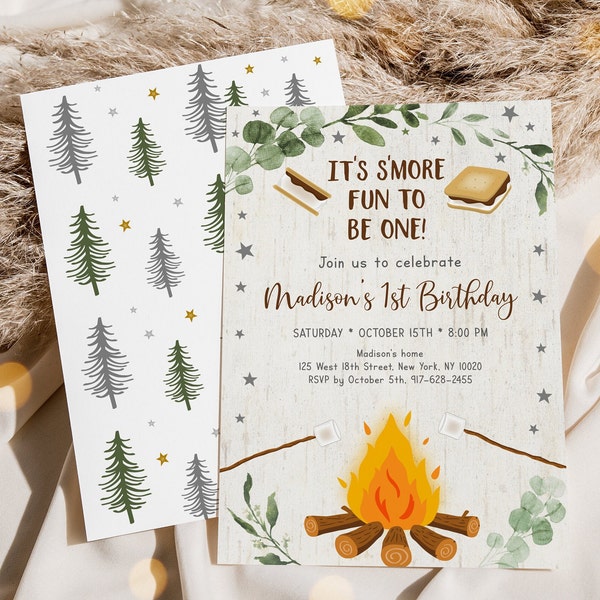 Editable S'mores 1st Birthday Invitation, Camping, Campfire, Bonfire, Smore Fun to be One, Printable, Digital, Instant Download A520