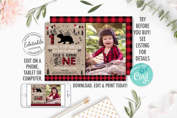 EDITABLE Lumberjack Birthday Invitation, Bear Cub, Rustic, Red Plaid, First Birthday, Printable, Digital Instant Download, Corjl A519 Il_570xn
