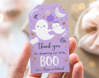 May include: Purple thank you tag with two white ghosts, a pumpkin, and gold stars. The text reads "Thank you for showering our little BOO Love, Alyssa and Mark"