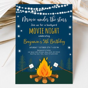 Editable Backyard Movie Night Birthday Invitation, Camping, Bonfire ...