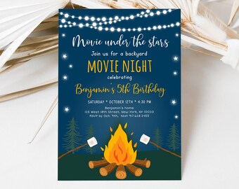Editable Backyard Movie Night Birthday Invitation, Camping, Bonfire, Campfire, S'mores, Printable, Digital, Instant Download Template A520