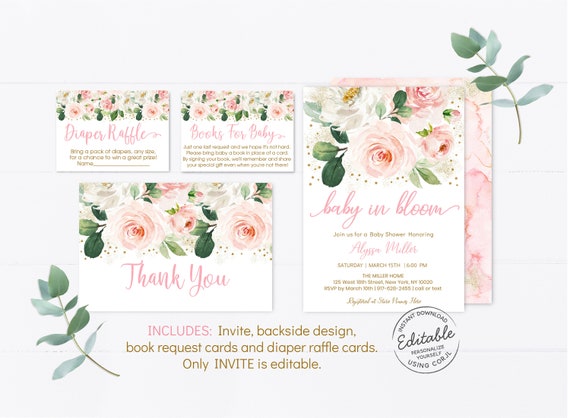 Blush Pink Baby Shower Invitation Girl, EDITABLE, Printable Girl Baby Shower Invitation Bundle Digital Instant Download Template Corjl A492 Il_570xn