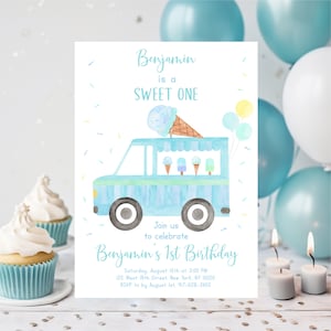 Editable Ice Cream Truck Birthday Invitation Sweet One Blue Boy Modern Ice Cream First Birthday Ice Cream Party Digital Download A673