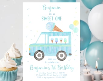 May include: A blue and white ice cream truck with a blue ice cream cone on top. The truck has a sign that says "Benjamin's 1st Birthday". The invitation is for a party on August 15th at 3:00 PM. The address is 125 West 18th Street, New York, NY 10020. The RSVP number is 917-628-2455.