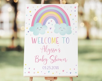 Editable Rainbow Baby Shower Welcome Sign Pastel Rainbow Clouds Stars Hearts Girl Baby Shower Printable Digital Instant Download A549