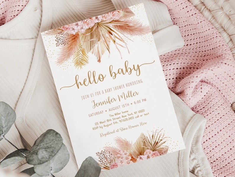 Editable Pampas Grass Baby Shower Invitation Bohemian Baby Shower Invite Tropical Desert Floral Pink Floral Boho Digital