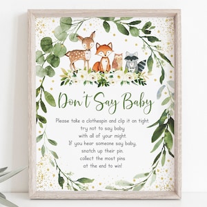 Woodland Don&#39;t Say Baby Game Woodland Baby Shower Greenery Woodland Forest Animals Gender Neutral Digital Printable Instant Download A524