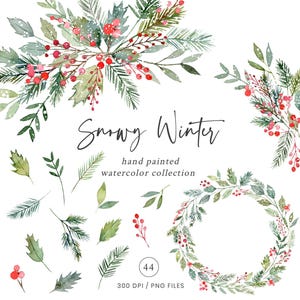 Christmas Greenery Clipart, Snowy Winter Greenery, Red Berries, Holly Leaves, Winter Wreath, Hand Painted Watercolor Clipart, Digital
