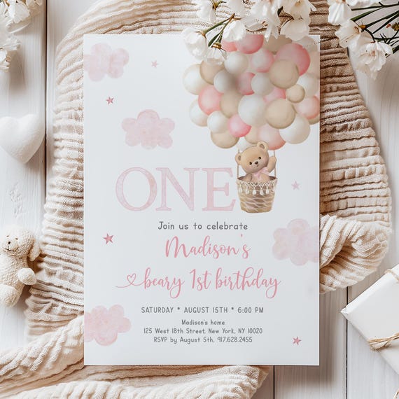 Editable Pink Teddy Bear First Birthday Invitation Teddy Bear Hot Air Balloon Invite Beary First Birthday Girl Teddy Bear 1st Birthday A710