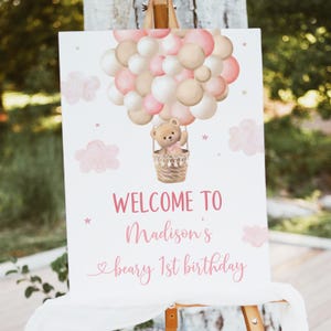Editable Pink Teddy Bear Hot Air Balloon Birthday Welcome Sign Beary First Birthday Girl Teddy Bear Balloons Teddy Bear Party Digital A710