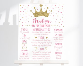 Bewerkbare prinses verjaardag mijlpaal bord prinses eerste verjaardag roze gouden prinses kroon tiara toverstaf afdrukbare digitale download